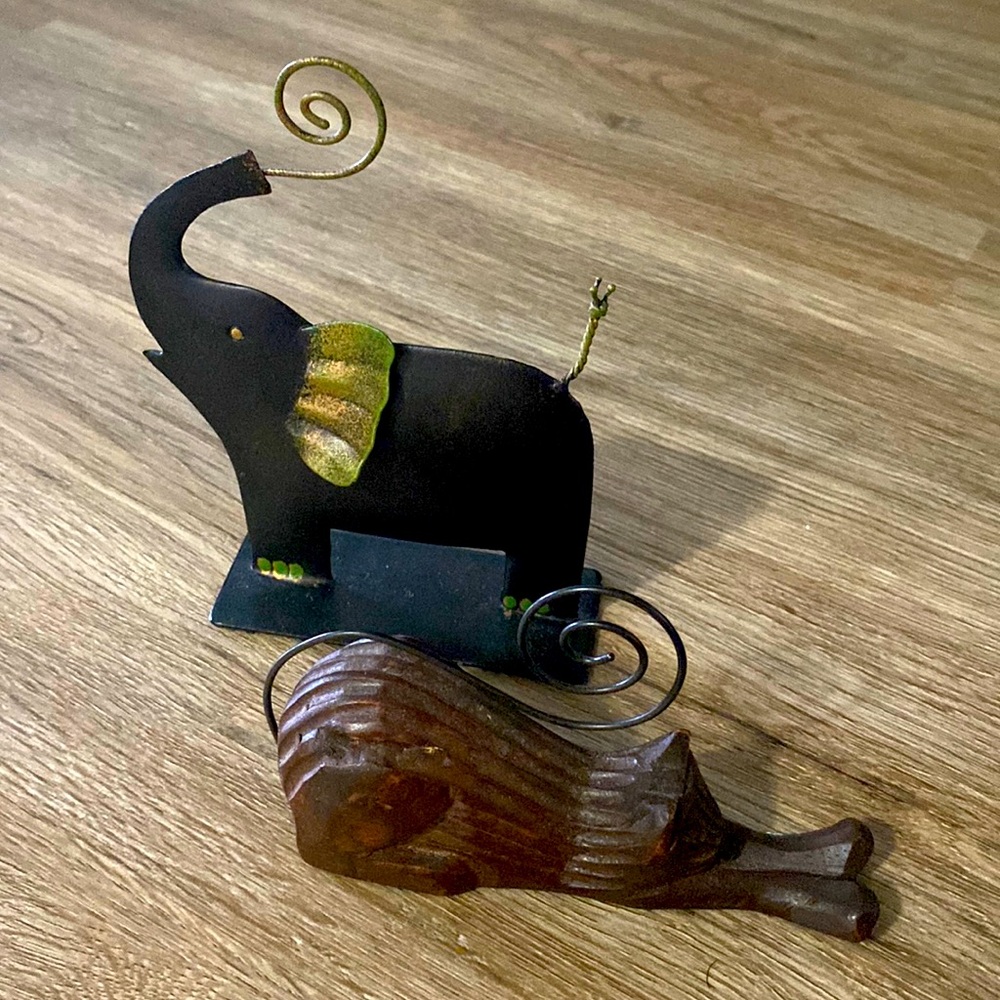 Artisan-made Elephant and Cat sculpture card holders